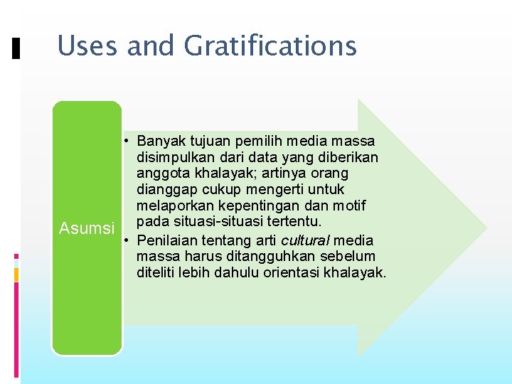 Uses and Gratifications • Banyak tujuan pemilih media massa disimpulkan dari data yang diberikan