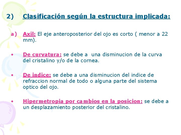 2) Clasificación según la estructura implicada: a) Axil: El eje anteroposterior del ojo es