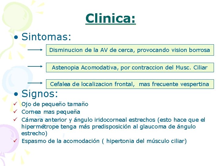 Clinica: • Sintomas: Disminucion de la AV de cerca, provocando vision borrosa Astenopia Acomodativa,