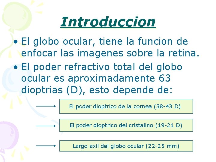 Introduccion • El globo ocular, tiene la funcion de enfocar las imagenes sobre la