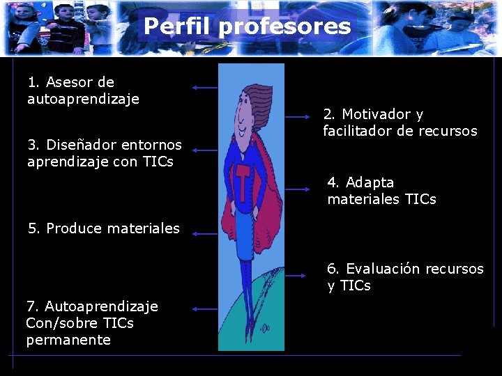 Perfil profesores 1. Asesor de autoaprendizaje 3. Diseñador entornos aprendizaje con TICs 2. Motivador