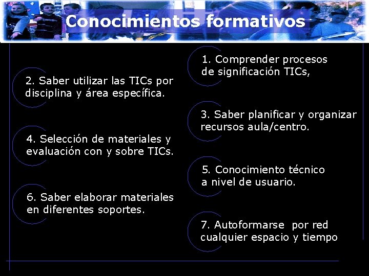 Conocimientos formativos 2. Saber utilizar las TICs por disciplina y área específica. 4. Selección