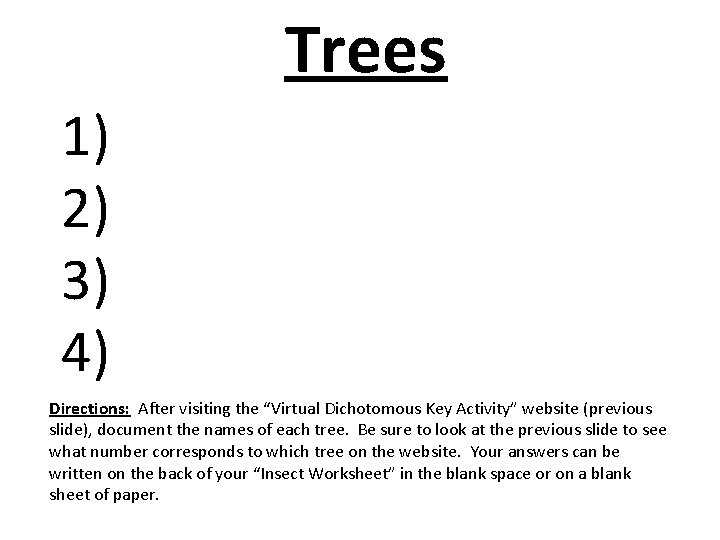 Trees 1) 2) 3) 4) Directions: After visiting the “Virtual Dichotomous Key Activity” website