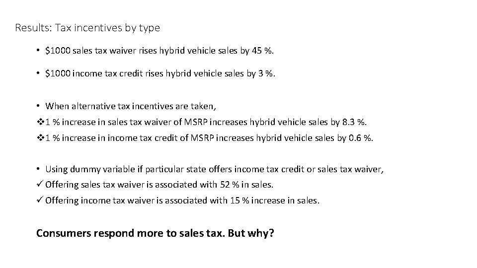 Results: Tax incentives by type • $1000 sales tax waiver rises hybrid vehicle sales
