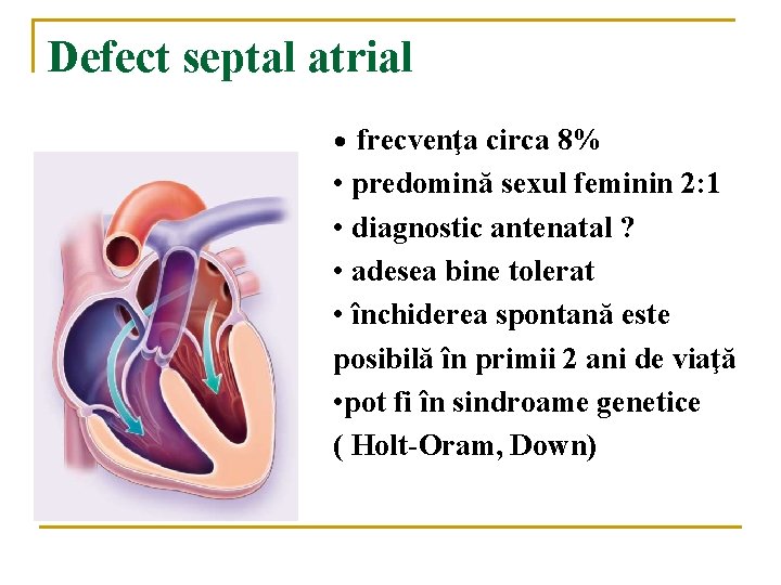 Defect septal atrial • frecvenţa circa 8% • predomină sexul feminin 2: 1 • Defect septal atrial • frecvenţa circa 8% • predomină sexul feminin 2: 1 •
