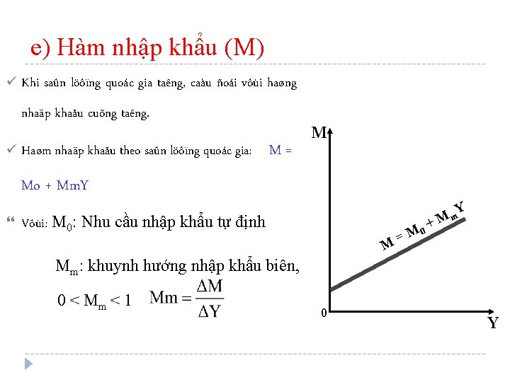 e) Hàm nhập khẩu (M) ü Khi saûn löôïng quoác gia taêng, caàu ñoái