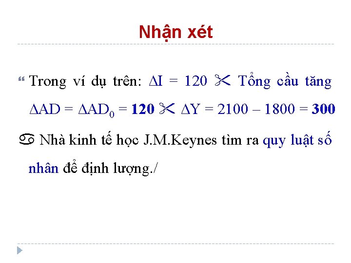 Nhận xét Trong ví dụ trên: ∆I = 120 Tổng cầu tăng ∆AD =