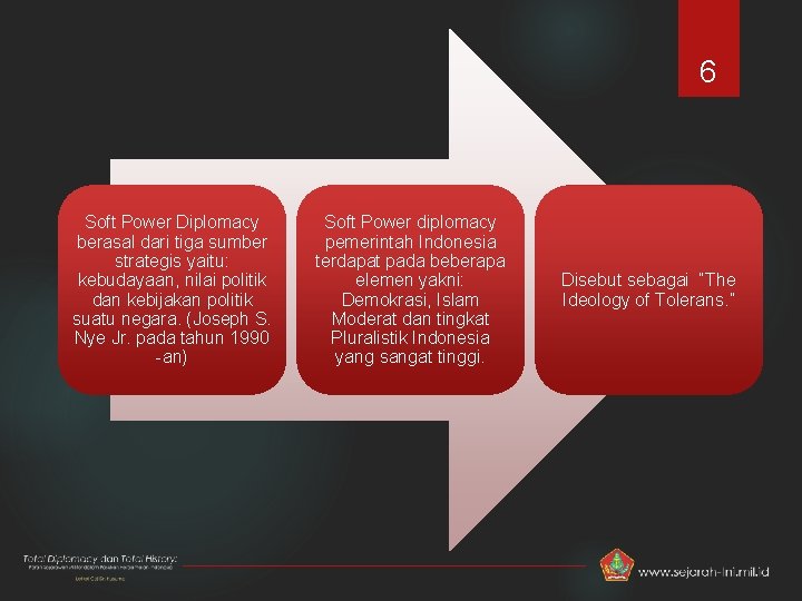 6 Soft Power Diplomacy berasal dari tiga sumber strategis yaitu: kebudayaan, nilai politik dan