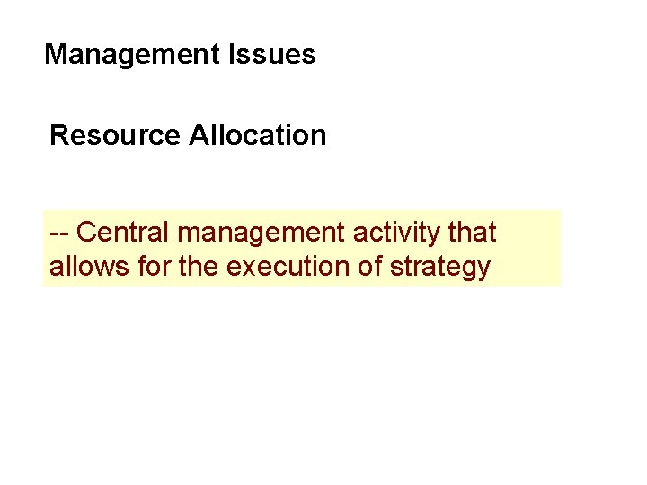 Management Issues Resource Allocation -- Central management activity that allows for the execution of Management Issues Resource Allocation -- Central management activity that allows for the execution of