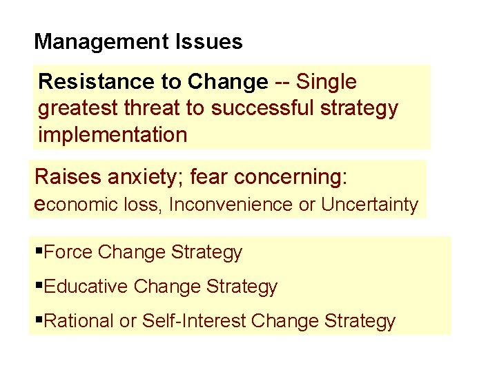 Management Issues Resistance to Change -- Single greatest threat to successful strategy implementation Raises Management Issues Resistance to Change -- Single greatest threat to successful strategy implementation Raises