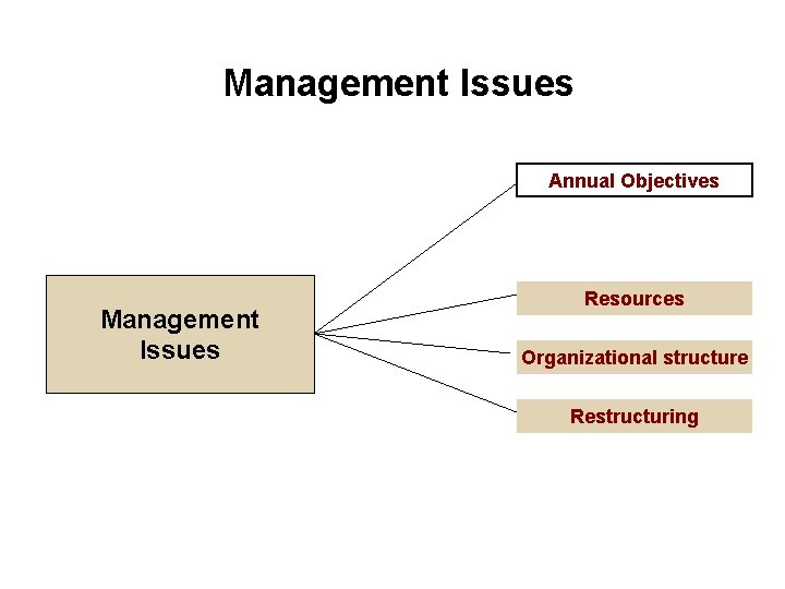 Management Issues Annual Objectives Management Issues Resources Organizational structure Restructuring Management Issues Annual Objectives Management Issues Resources Organizational structure Restructuring