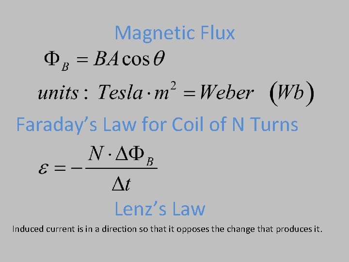 Magnetic Flux Faraday’s Law for Coil of N Turns Lenz’s Law Induced current is