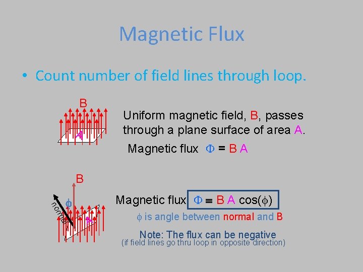 Magnetic Flux • Count number of field lines through loop. B A Uniform magnetic