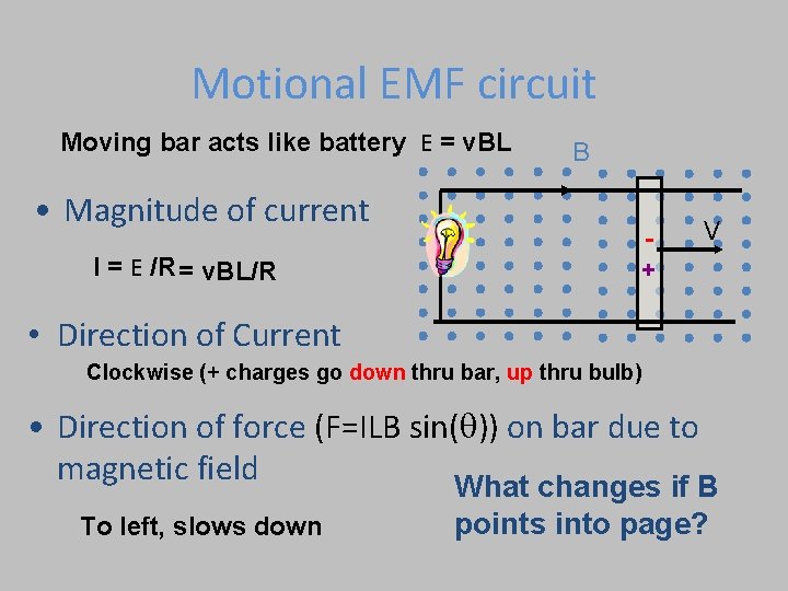 Motional EMF circuit Moving bar acts like battery E = v. BL B •