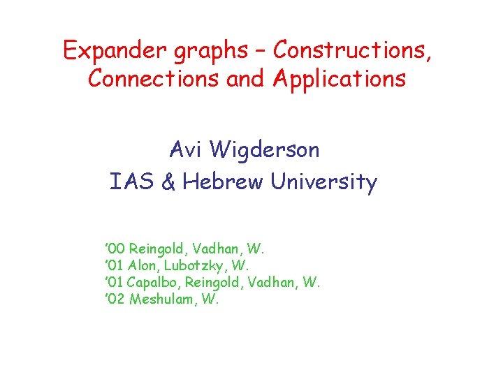 Expander graphs – Constructions, Connections and Applications Avi Wigderson IAS & Hebrew University ’