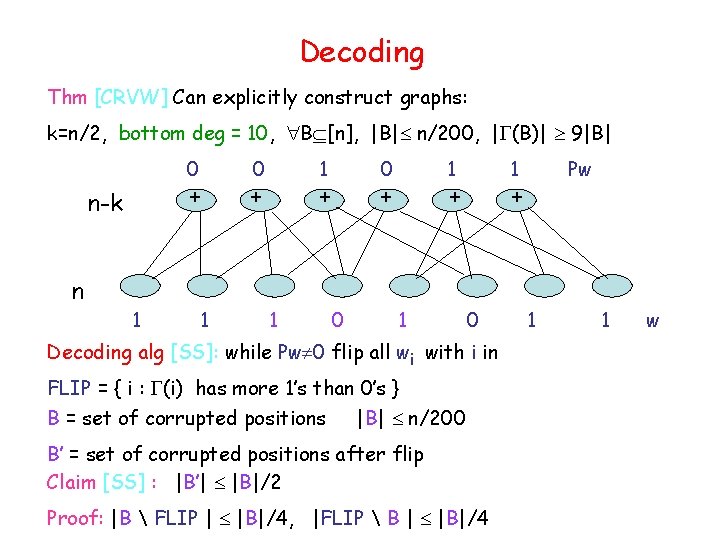 Decoding Thm [CRVW] Can explicitly construct graphs: k=n/2, bottom deg = 10, B [n],