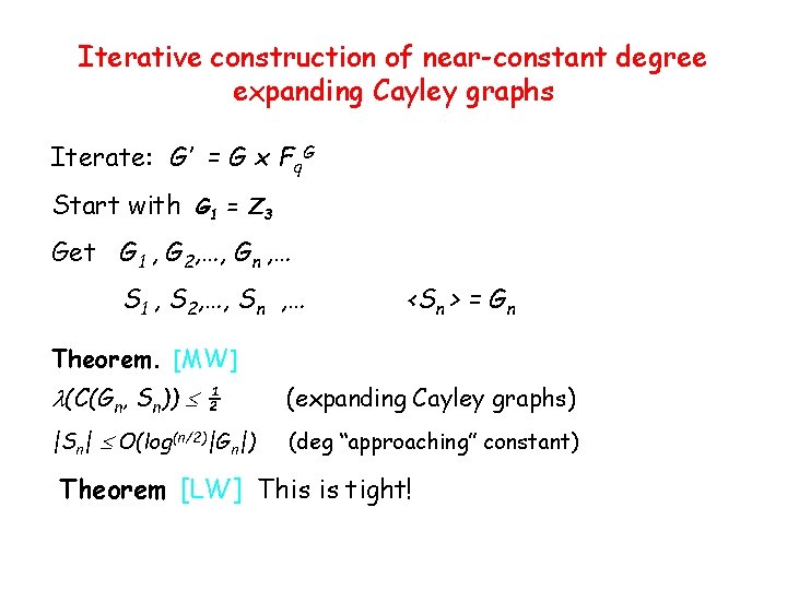 Iterative construction of near-constant degree expanding Cayley graphs Iterate: G’ = G x Fq.