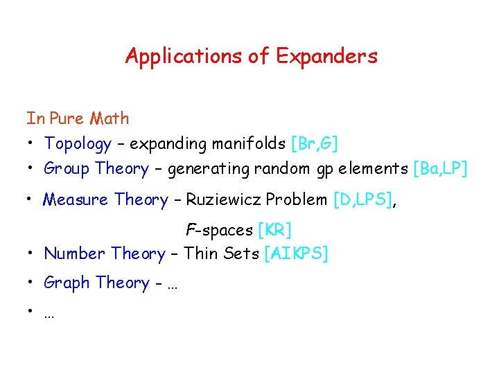 Applications of Expanders In Pure Math • Topology – expanding manifolds [Br, G] •