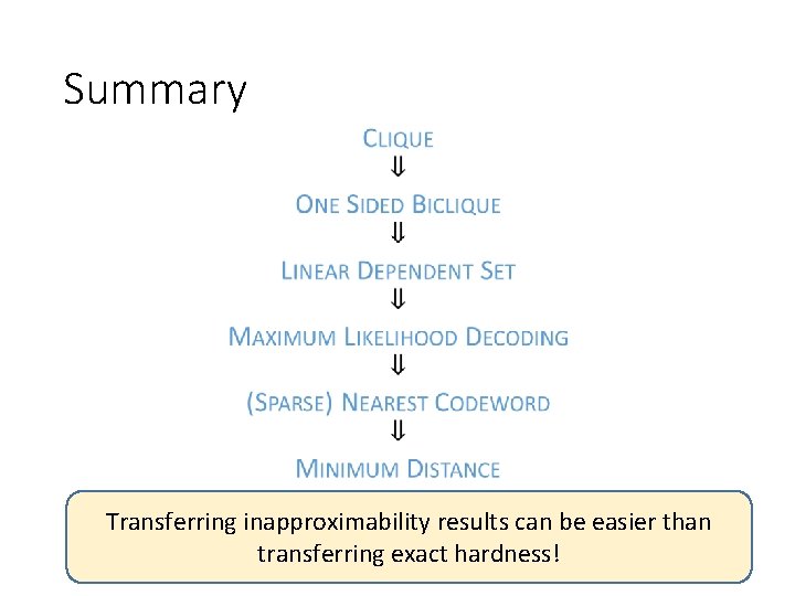 Summary • Transferring inapproximability results can be easier than transferring exact hardness! 