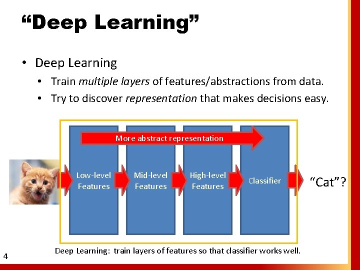 “Deep Learning” • Deep Learning • Train multiple layers of features/abstractions from data. •