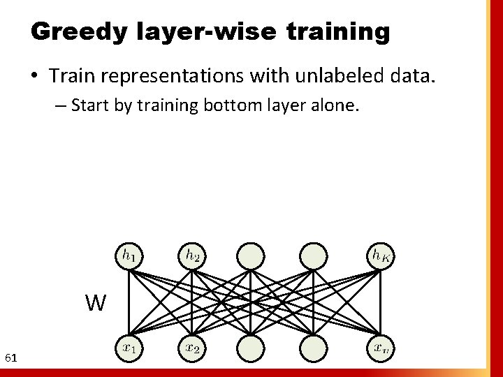 Greedy layer-wise training • Train representations with unlabeled data. – Start by training bottom