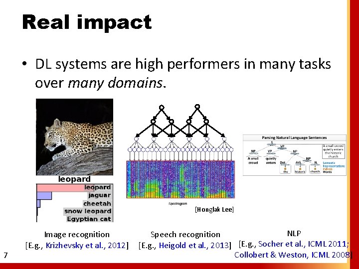 Real impact • DL systems are high performers in many tasks over many domains.