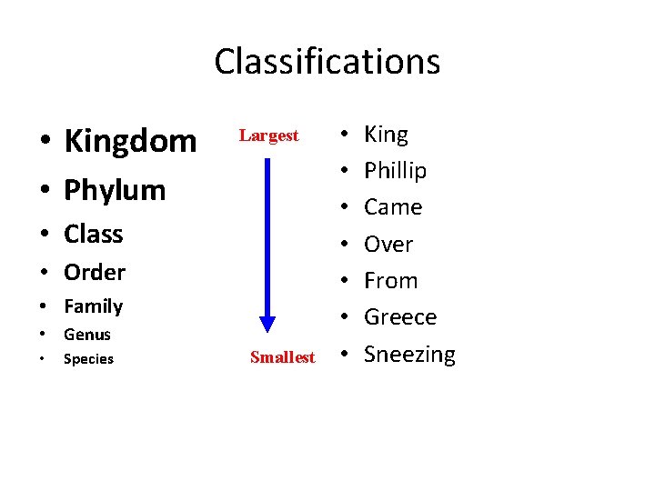Classifications • Kingdom Largest • Phylum • Class • Order • Family • Genus
