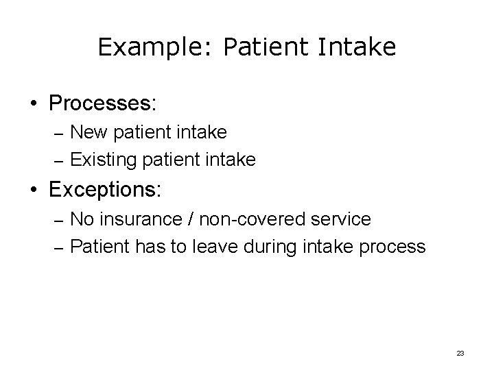 Example: Patient Intake • Processes: – New patient intake – Existing patient intake •