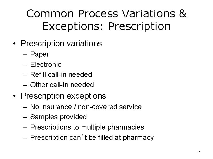 Common Process Variations & Exceptions: Prescription • Prescription variations – Paper – Electronic –