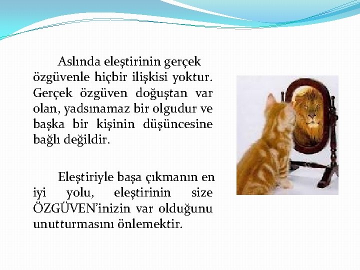 Aslında eleştirinin gerçek özgüvenle hiçbir ilişkisi yoktur. Gerçek özgüven doğuştan var olan, yadsınamaz bir
