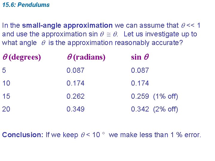 15. 6: Pendulums In the small-angle approximation we can assume that << 1 and