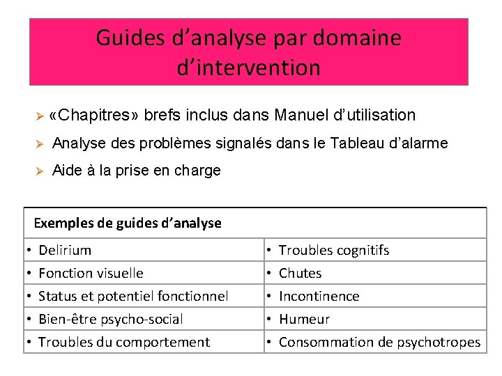 Guides d’analyse par domaine d’intervention Ø «Chapitres» brefs inclus dans Manuel d’utilisation Ø Analyse