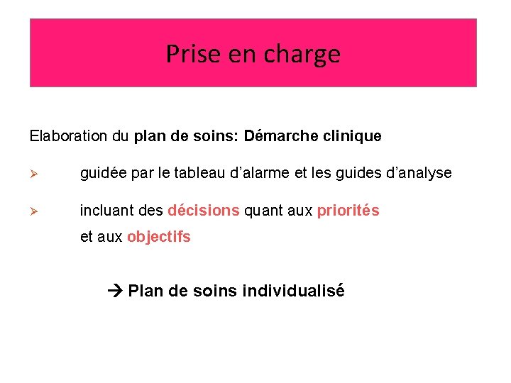 Prise en charge Elaboration du plan de soins: Démarche clinique Ø guidée par le