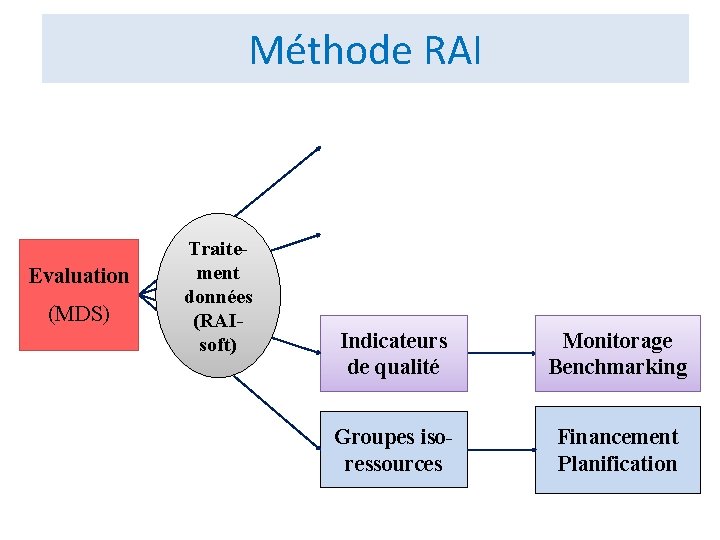 Méthode RAI Evaluation (MDS) Traitement données (RAIsoft) Indicateurs de qualité Monitorage Benchmarking Groupes isoressources