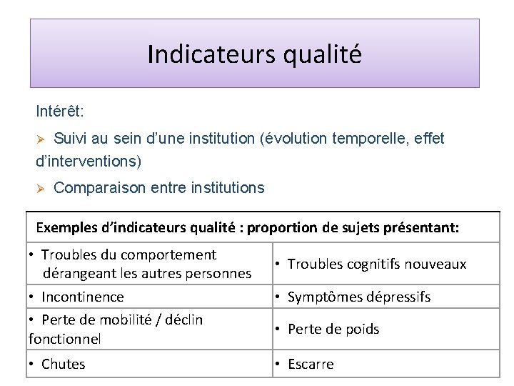 Indicateurs qualité Intérêt: Ø Suivi au sein d’une institution (évolution temporelle, effet d’interventions) Ø