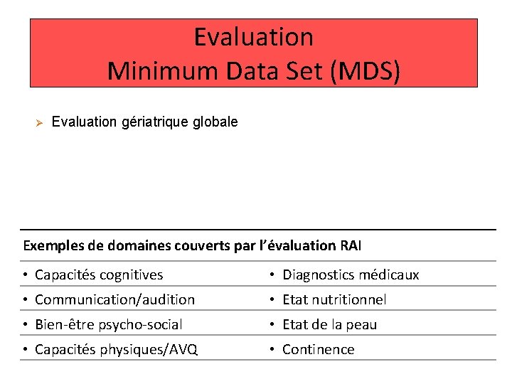 Evaluation Minimum Data Set (MDS) Ø Evaluation gériatrique globale standardisée Ø Manuel d’utilisation Ø