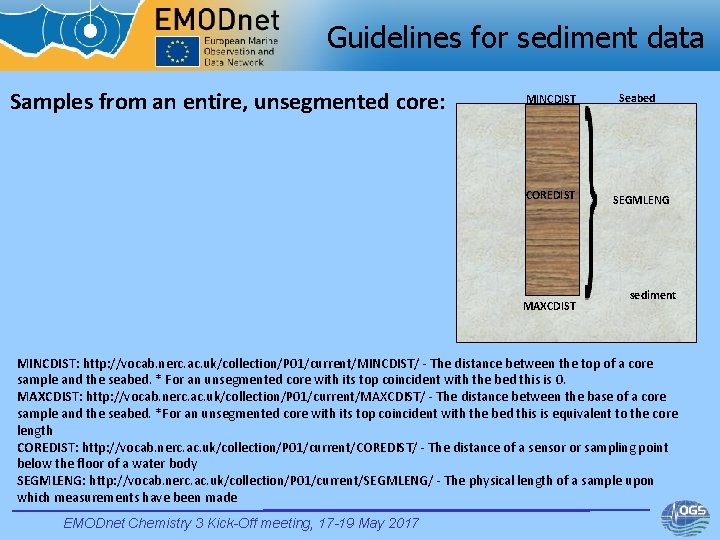 Guidelines for sediment data Samples from an entire, unsegmented core: MINCDIST COREDIST MAXCDIST Seabed