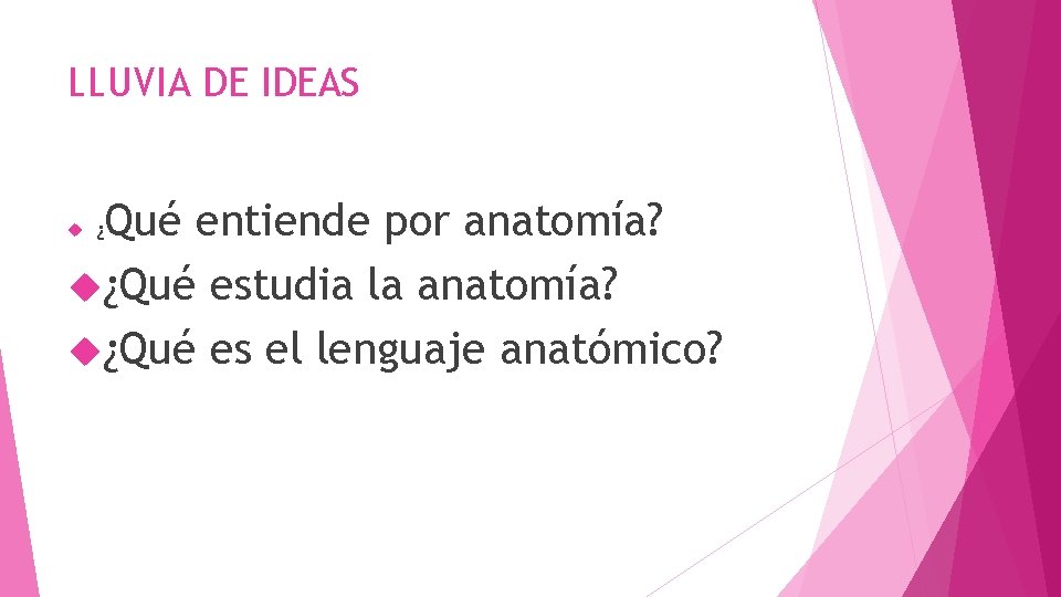 LLUVIA DE IDEAS Qué entiende por anatomía? ¿Qué estudia la anatomía? ¿Qué es el