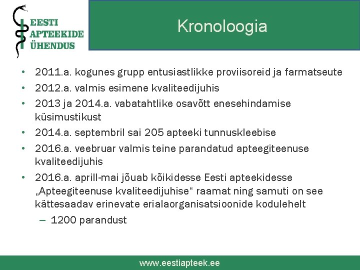 Kronoloogia • 2011. a. kogunes grupp entusiastlikke proviisoreid ja farmatseute • 2012. a. valmis