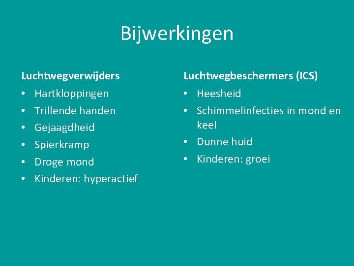 Bijwerkingen Luchtwegverwijders • • • Hartkloppingen Trillende handen Gejaagdheid Spierkramp Droge mond Kinderen: hyperactief