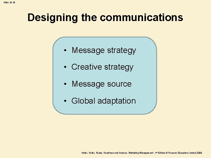 Slide 19. 19 Designing the communications • Message strategy • Creative strategy • Message