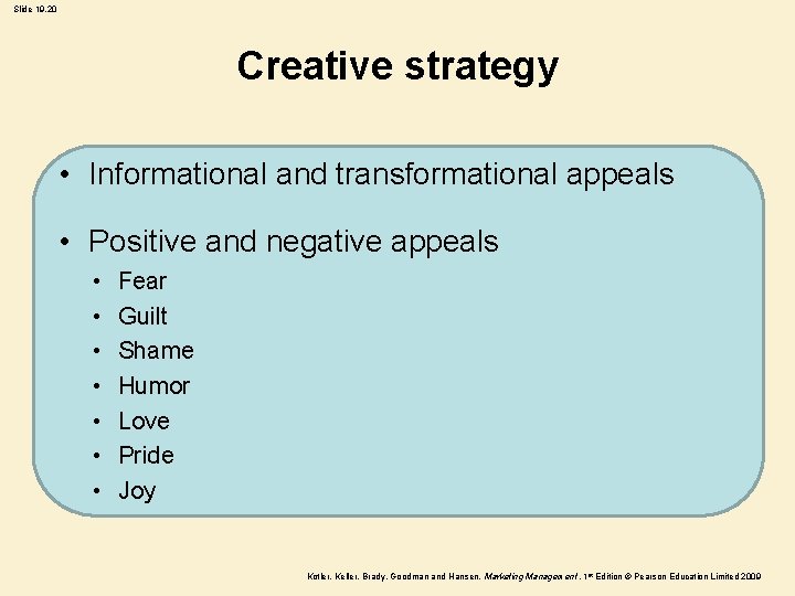 Slide 19. 20 Creative strategy • Informational and transformational appeals • Positive and negative