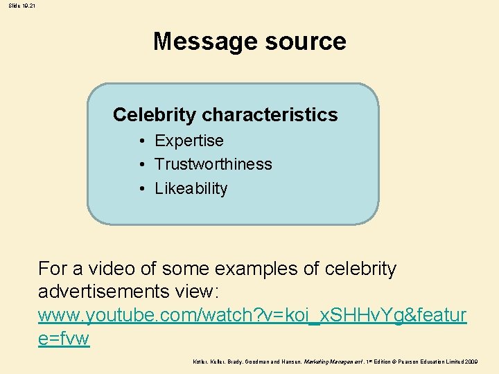 Slide 19. 21 Message source Celebrity characteristics • Expertise • Trustworthiness • Likeability For