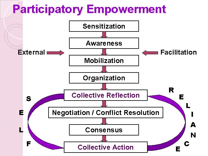 Participatory Empowerment Sensitization Awareness External Facilitation Mobilization Organization S Collective Reflection E Negotiation /