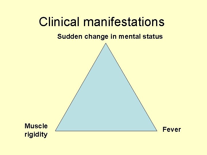 Clinical manifestations Sudden change in mental status Muscle rigidity Fever 