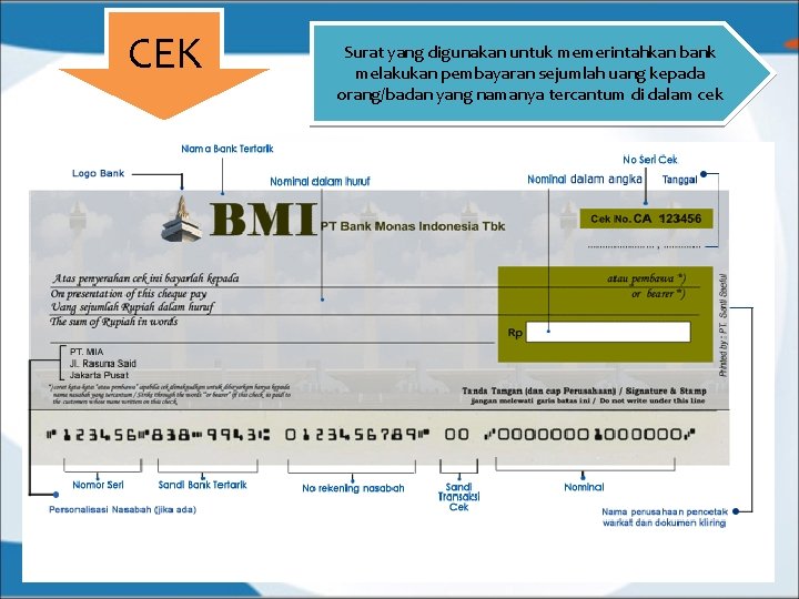 CEK Surat yang digunakan untuk memerintahkan bank melakukan pembayaran sejumlah uang kepada orang/badan yang