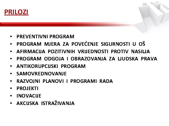 PRILOZI • • • PREVENTIVNI PROGRAM MJERA ZA POVEĆENJE SIGURNOSTI U OŠ AFIRMACIJA POZITIVNIH