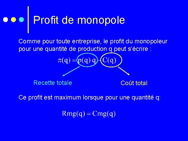 Profit de monopole Comme pour toute entreprise, le profit du monopoleur pour une quantité
