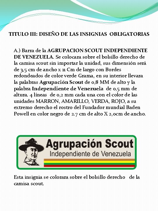 TITULO III: DISEÑO DE LAS INSIGNIAS OBLIGATORIAS A. ) Barra de la AGRUPACION SCOUT TITULO III: DISEÑO DE LAS INSIGNIAS OBLIGATORIAS A. ) Barra de la AGRUPACION SCOUT