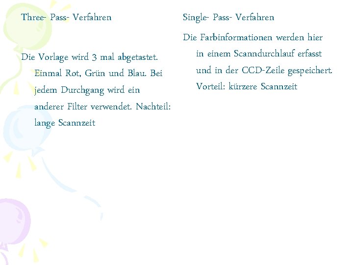 Three- Pass- Verfahren Die Vorlage wird 3 mal abgetastet. Einmal Rot, Grün und Blau.